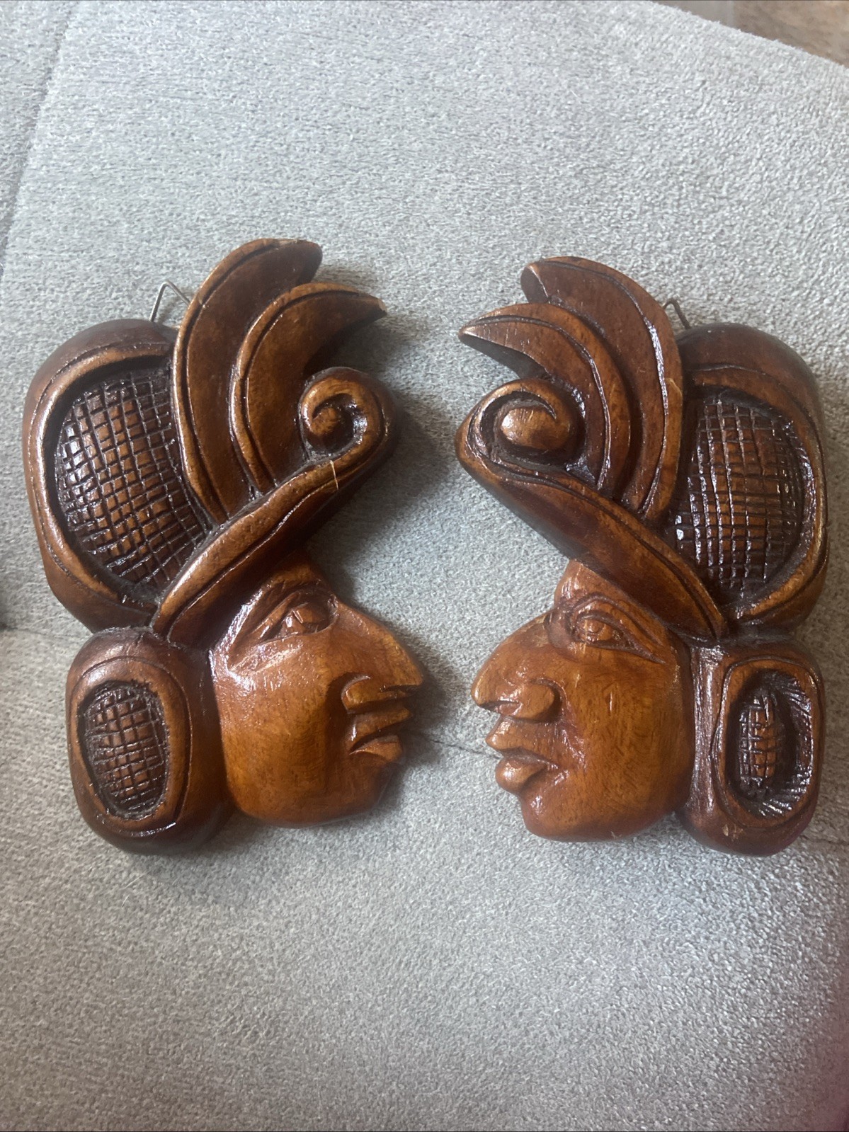 2 Vintage Honduras Mayan Koko Warrior Head Carved Wooden Wall Plaques