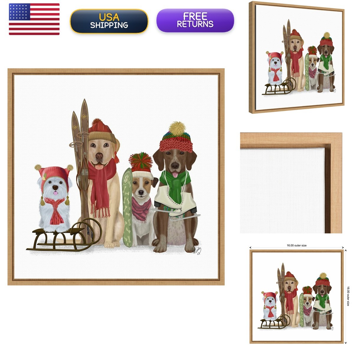 Amanti Art Framed Canvas Wall Art 16x16 Christmas Dogs Winter Sports Fans By