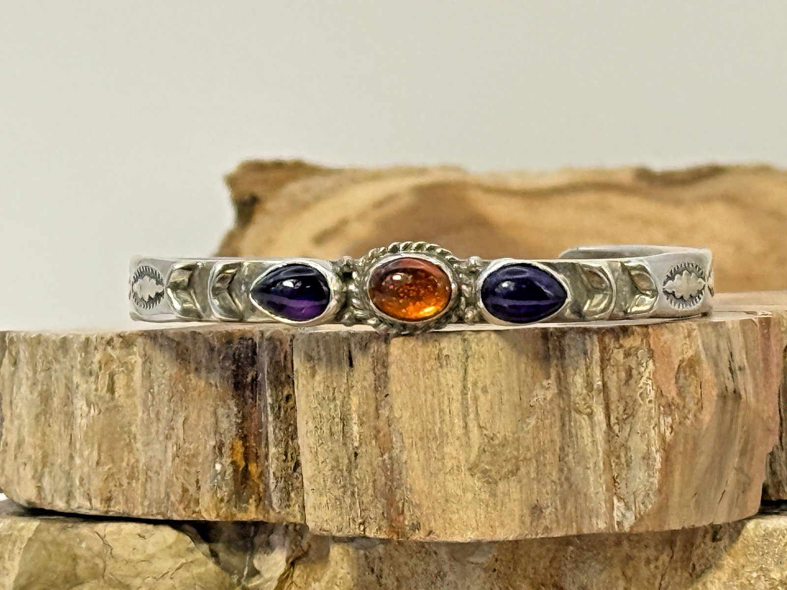 Tobe Turpen Shop Sterling Silver Amber/Amethyst Stamped Cuff Bracelet--1073.26