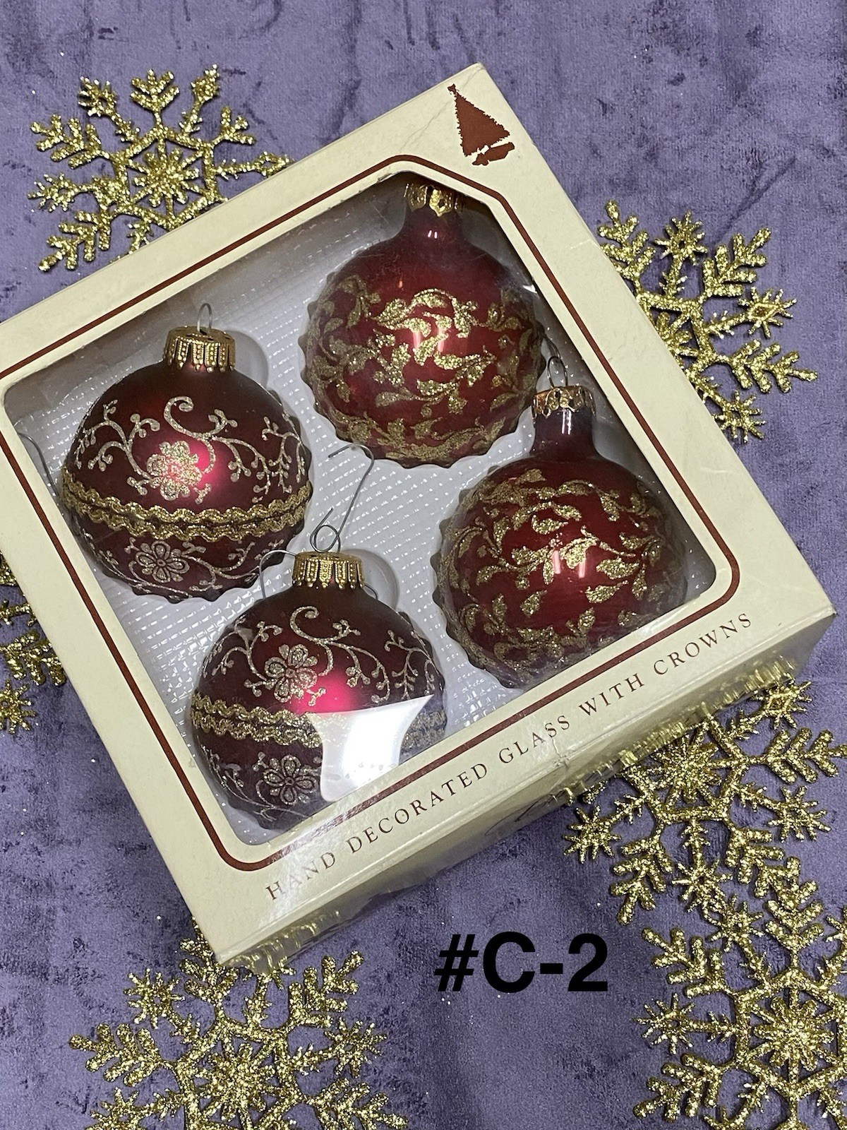 4 Vintage KREBS Ornaments BEAUTIFUL Red BULBS W/Gold GlLITTER Floral DESIGN #C-2