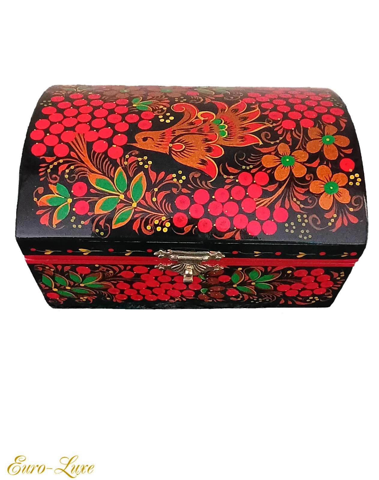 VINTAGE RUSSIAN  SIGNED HAND-PAINTED LACQUER KHOKHLOMA FOLK JEWELRY STORAGE BOX