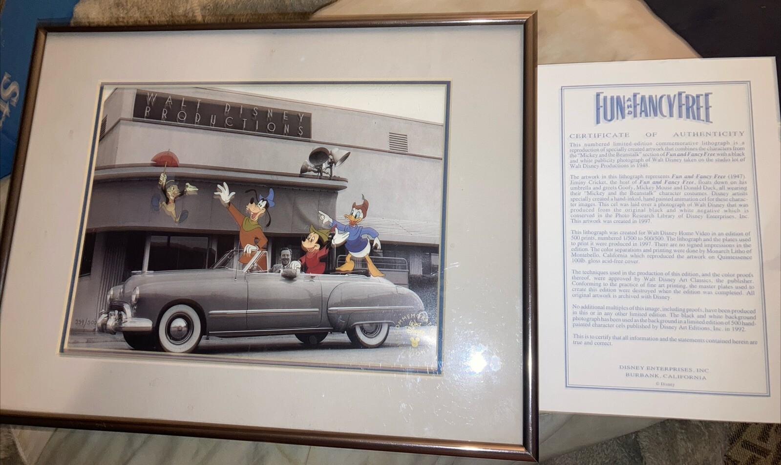 WALT DISNEYS FUN AND FANCY FREE LIMITED EDITION 339/500 w/COA 1997 LITHOGRAPH