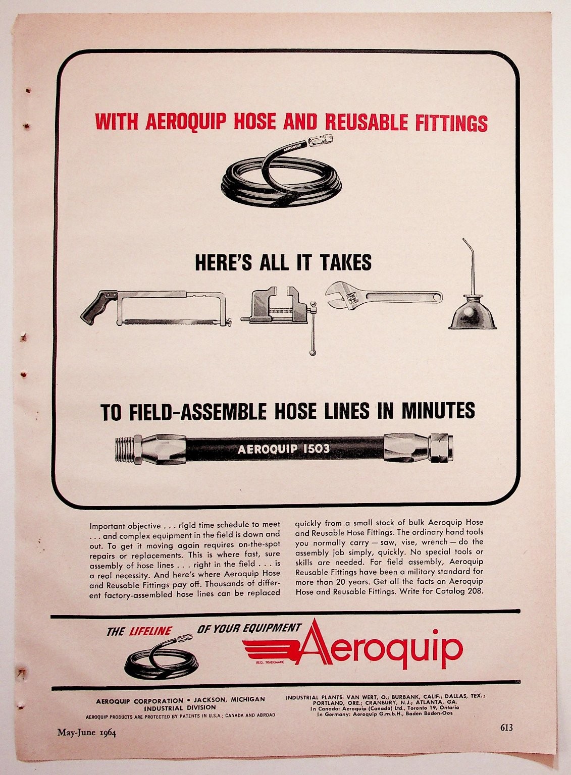Aeroquip Vintage 1964 Magazine Ad Hose Fittings Tools Industrial Print