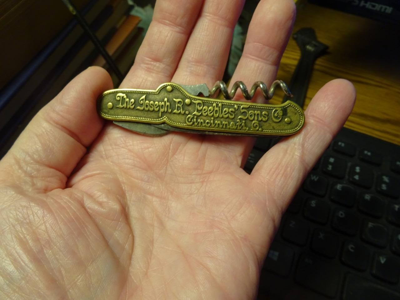 KNIFE CORKSCREW PRE-PRO 1876-1909 THE JOSEPH R. PEEBLES SONS CO. CINCINNATI OHIO