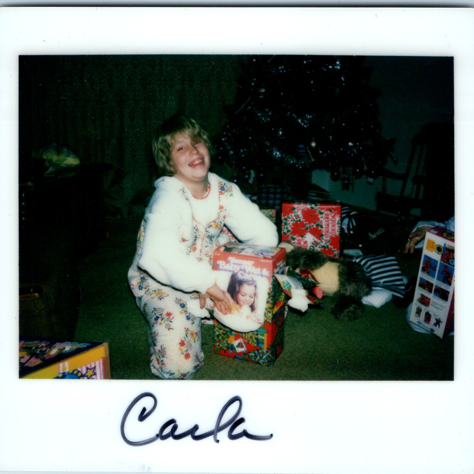 c1970s Carla Cute Girl Kenner Baby Wet & Care Doll Christmas Tree Snapshot Photo c1970s Carla Cute Girl Kenner Baby Wet & Care Doll Christmas Tree Snapshot Photo
