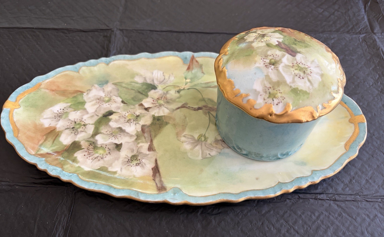 Antique Limoges Vanity Dresser Set Powder Jar Wild Roses JPL France Porcelain TV