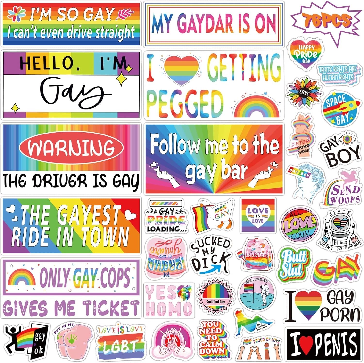 10 Pcs or 76 PCS Original Funny Prank Bumper Stickers, Funny LGBT Gay Stickers