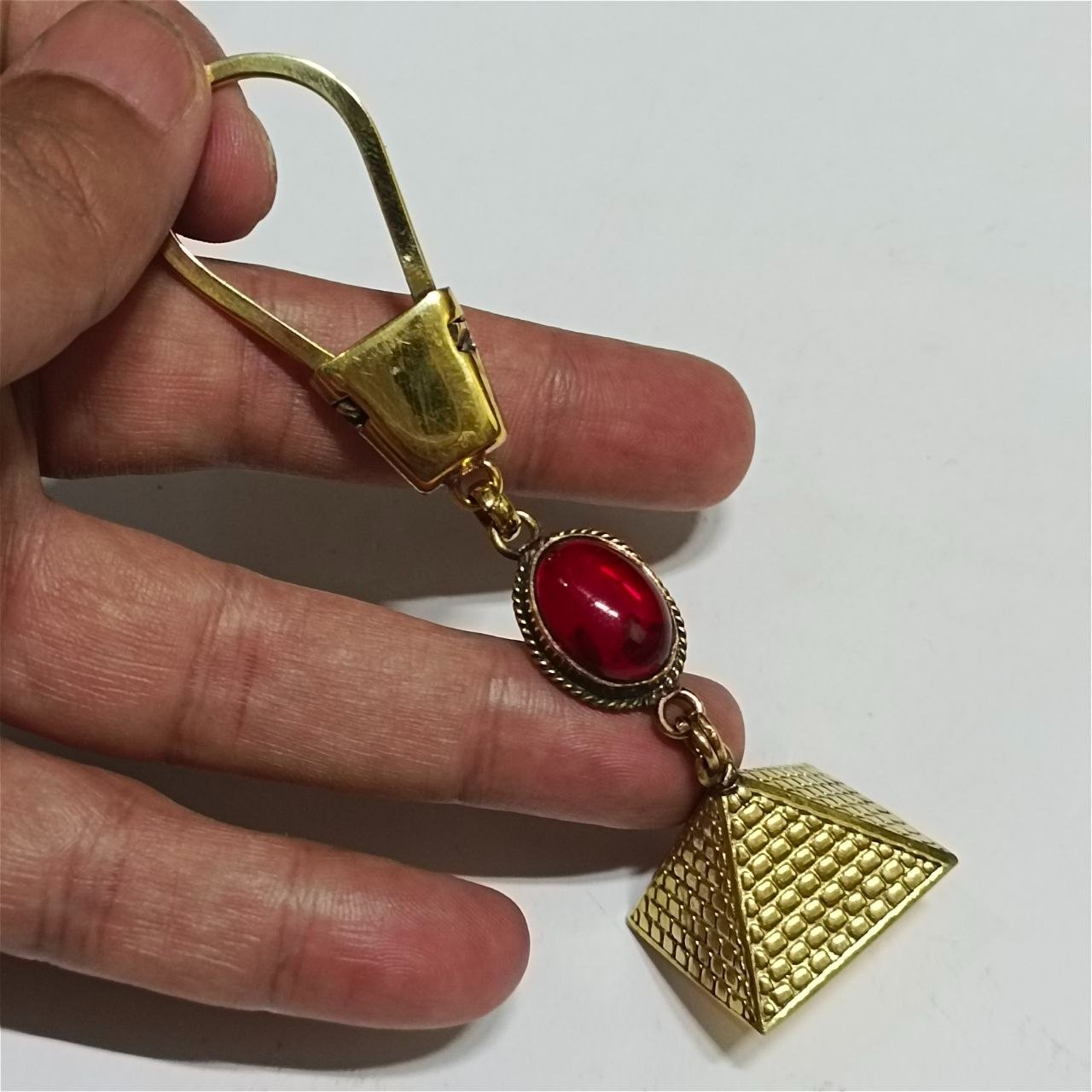 Vintage Handmade Egyptian Pyramid Brass Keychain Red Stone Egypt Charm