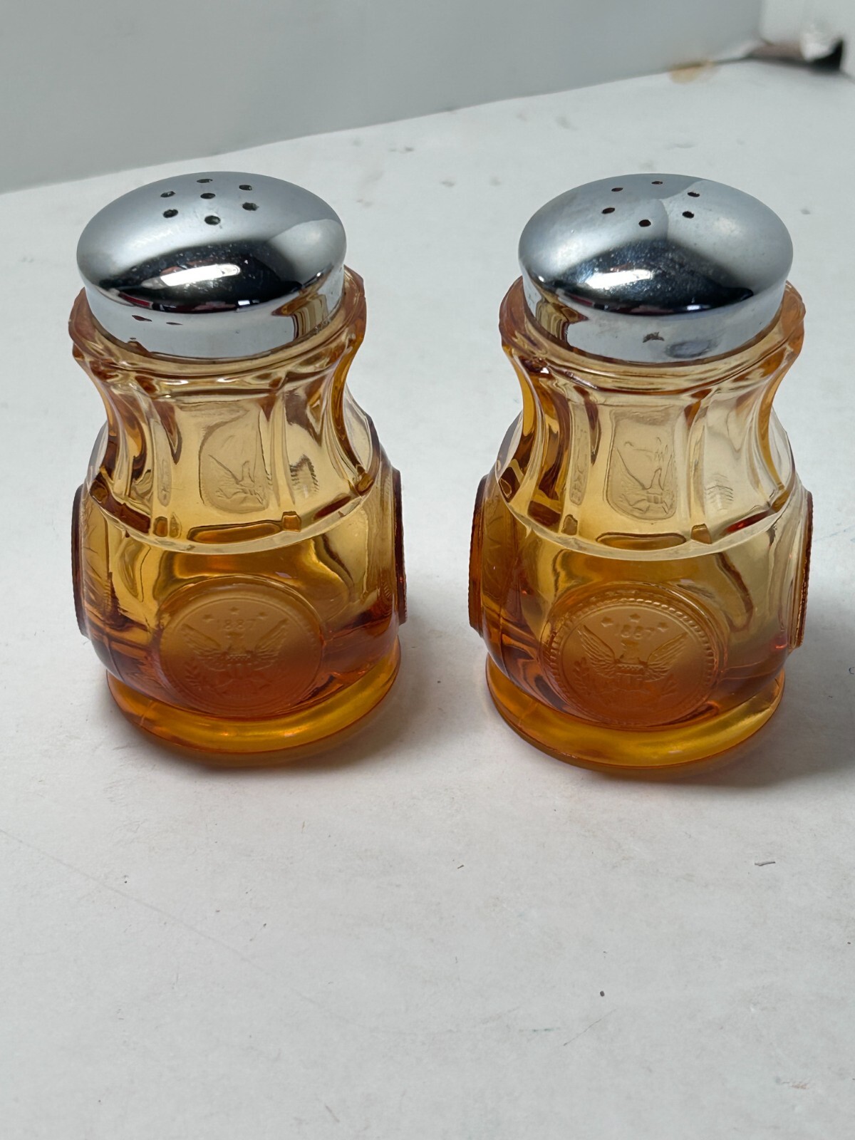 Vintage Fostoria Glass Coin Amber Yellow Salt and Pepper Shakers Box24