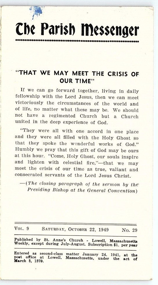 1949 LOWELL MASS THE PARISH MESSENGER ST ANNE\'S CHURCH OCT 22 BULLETIN  Z6895