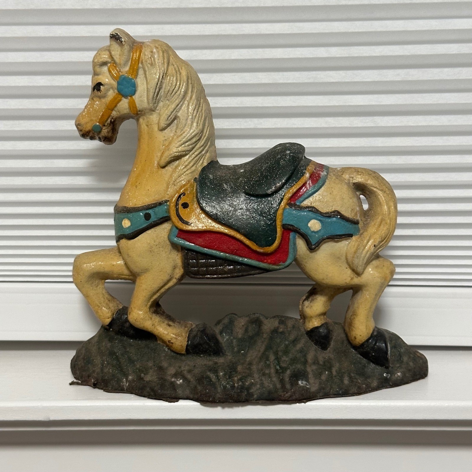 VTG Cast Iron Carousel Horse Doorstop Hand Painted Prancing Pony Figurine 3.5lb