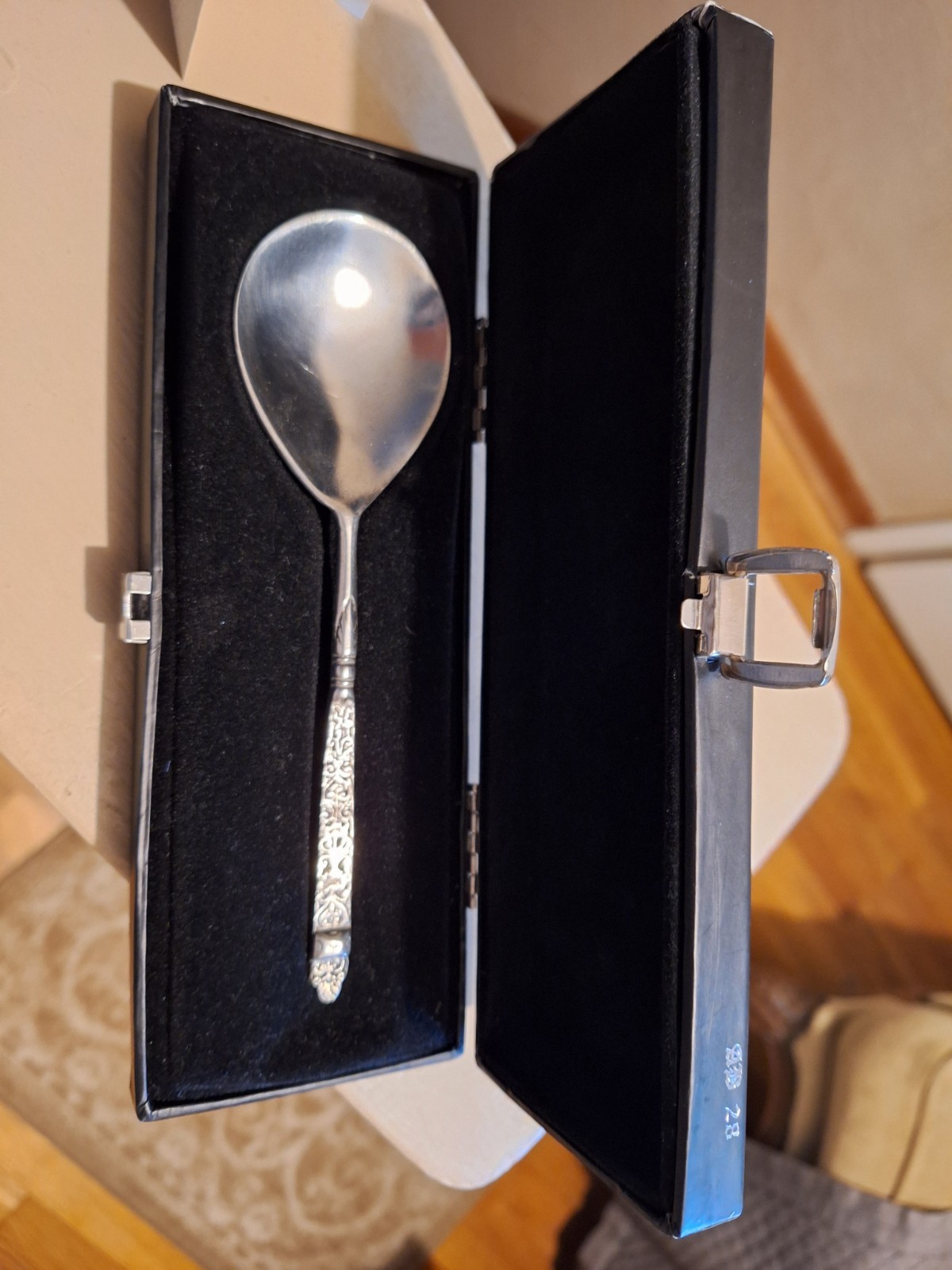 Norwegian Pewter Wedding Spoon.  Decorative Handle. 6.5” Wide Spoon