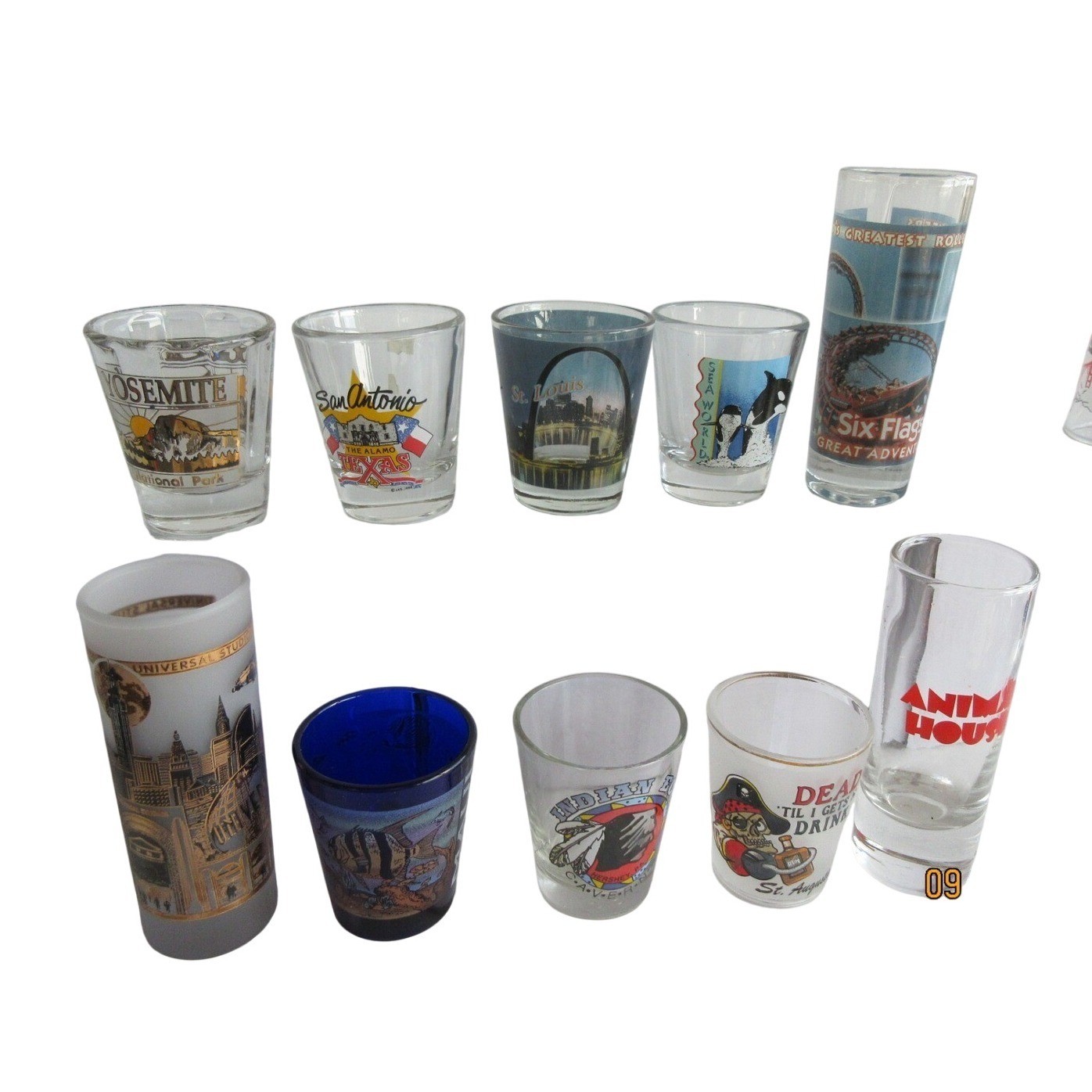 Vintage Souvenir Shot Glass Lot 10pc Yosemite Six Flags Universal Studios Maui