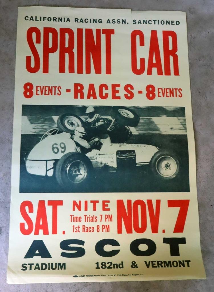 Vintage California Racing Association Sprint Car Races Poster, Ascot Stadium