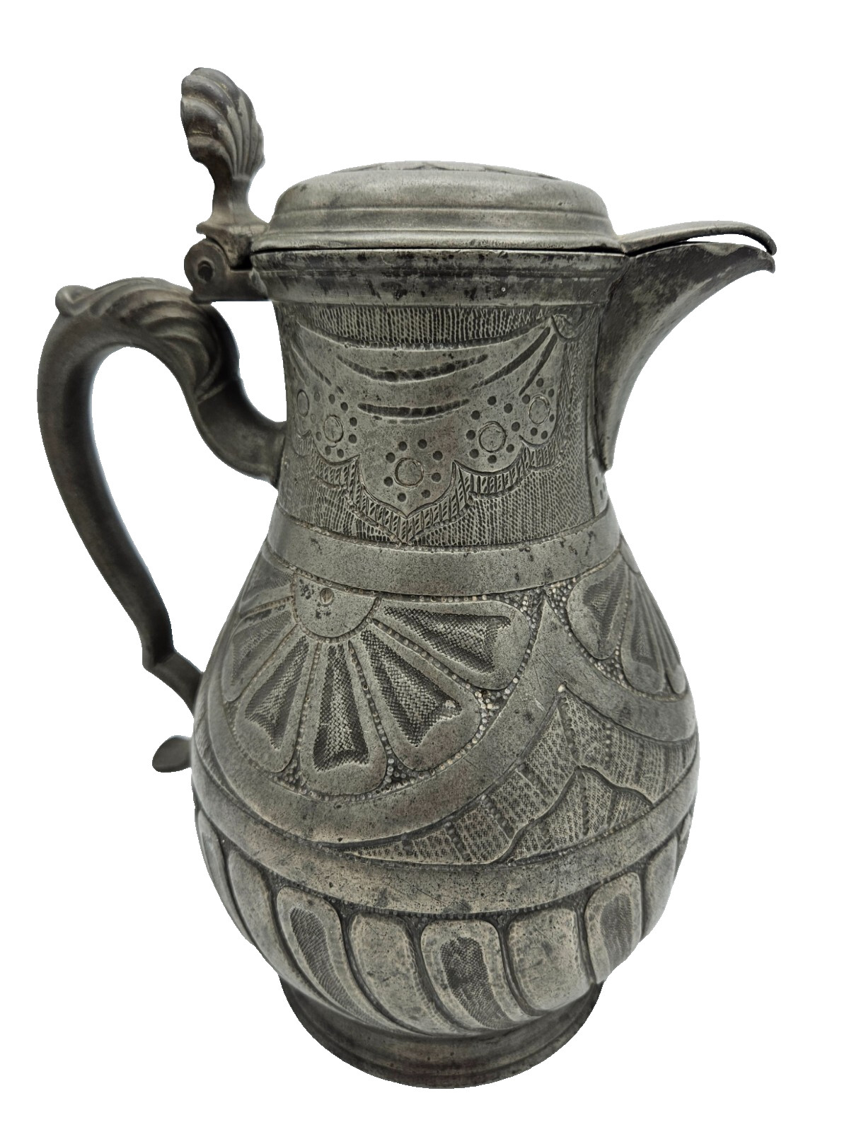 Antique Continental Pewter Lidded Flagon Jug Wrigglework Engraved 18th 19th C