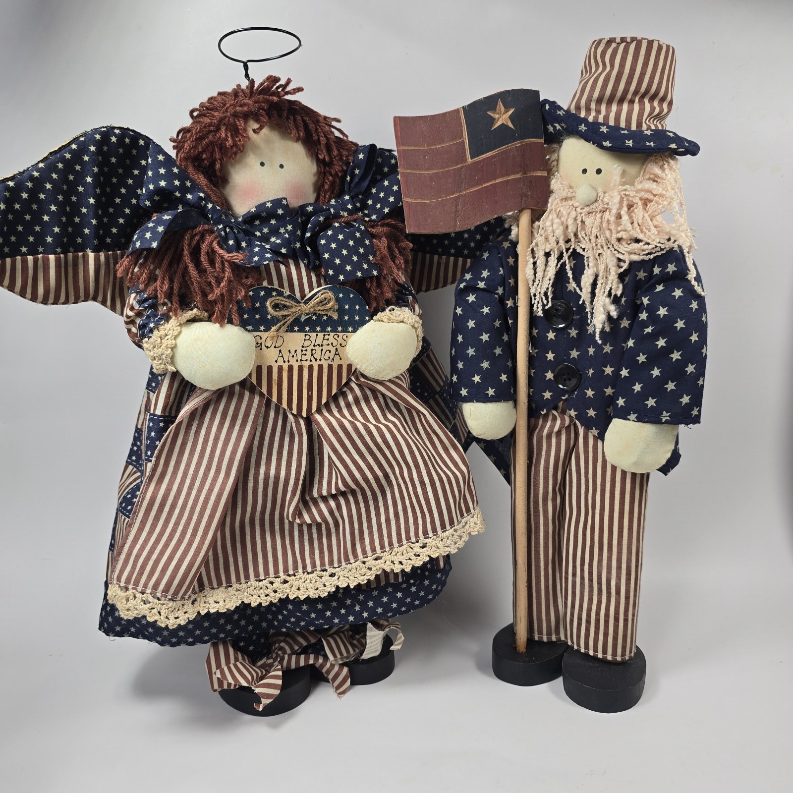 Vintage 1996 Americana Uncle Sam Angel Doll Set Patriotic Primitive Folk Art
