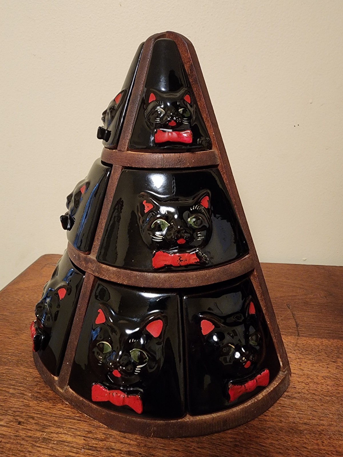 RARE Shafford Black Cat Redware Spice Jars & Pyramid Wood Rack Set 8 RESTORE