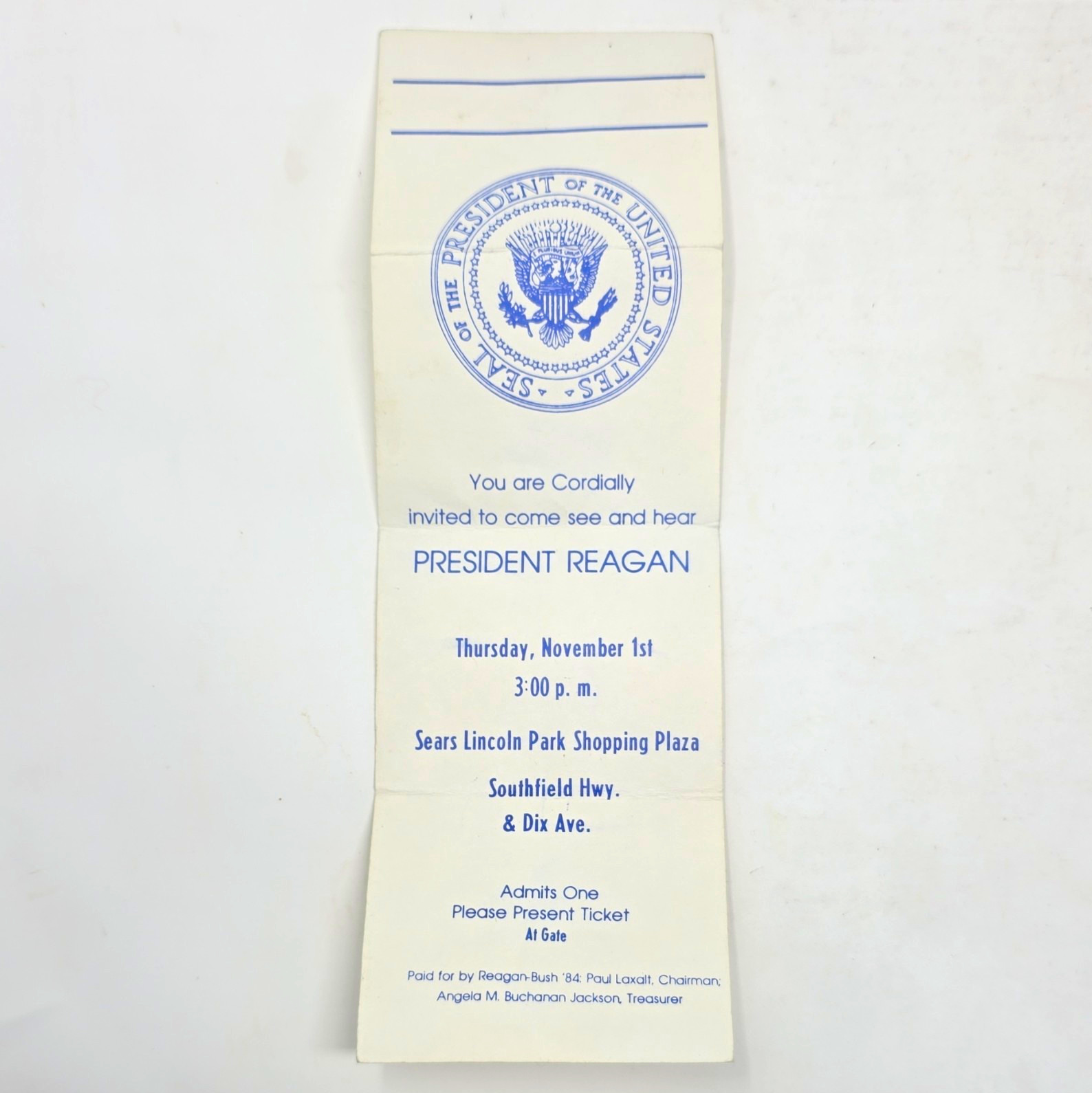 Ronald Reagan Invitation Ticket, Sears Lincoln Park Shopping Plaza, Nov 1