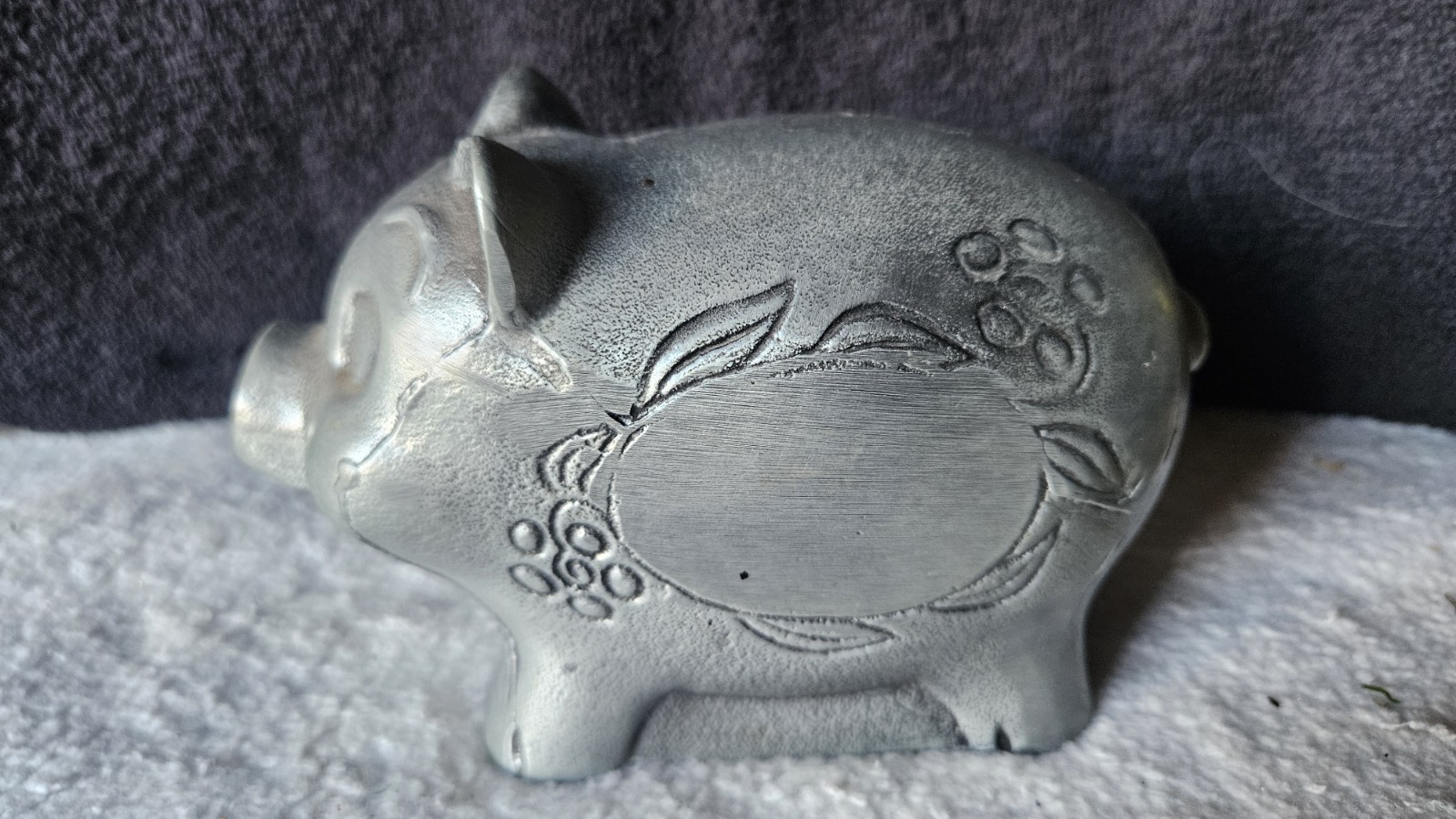 Vintage 1974 Banthrico Pewter Piggy Bank Metal Pig Promotional Coin Bank W Plate
