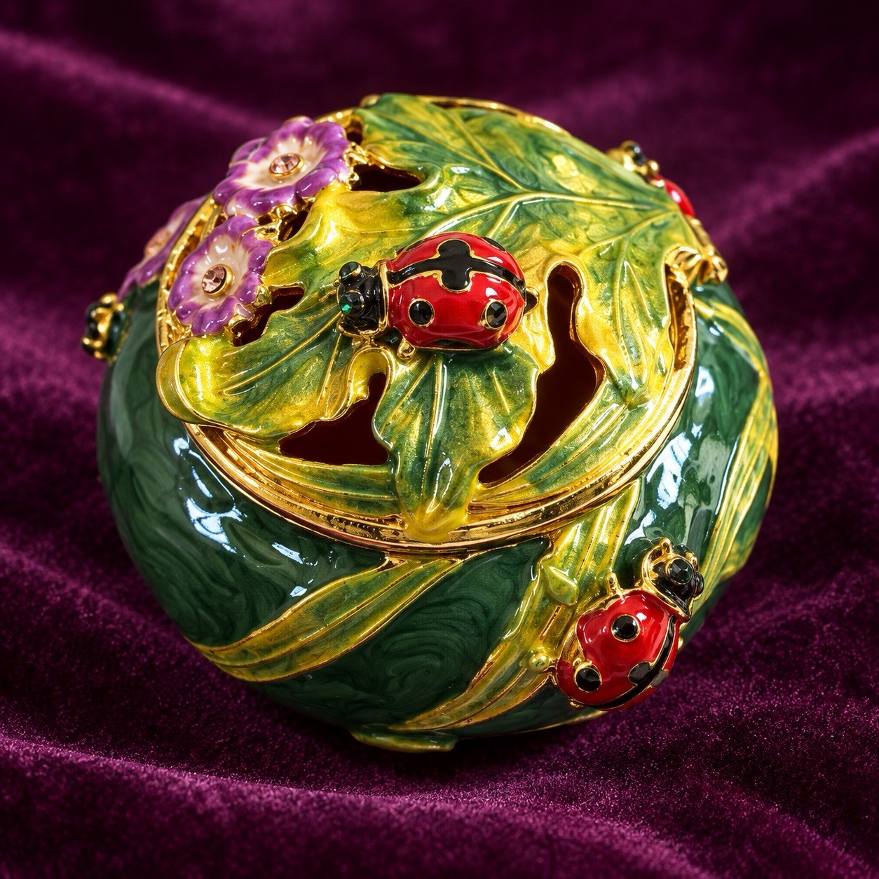 Bejeweled ladybug on leaf Hinged Metal Enameled Crystal Trinket box, Handmade