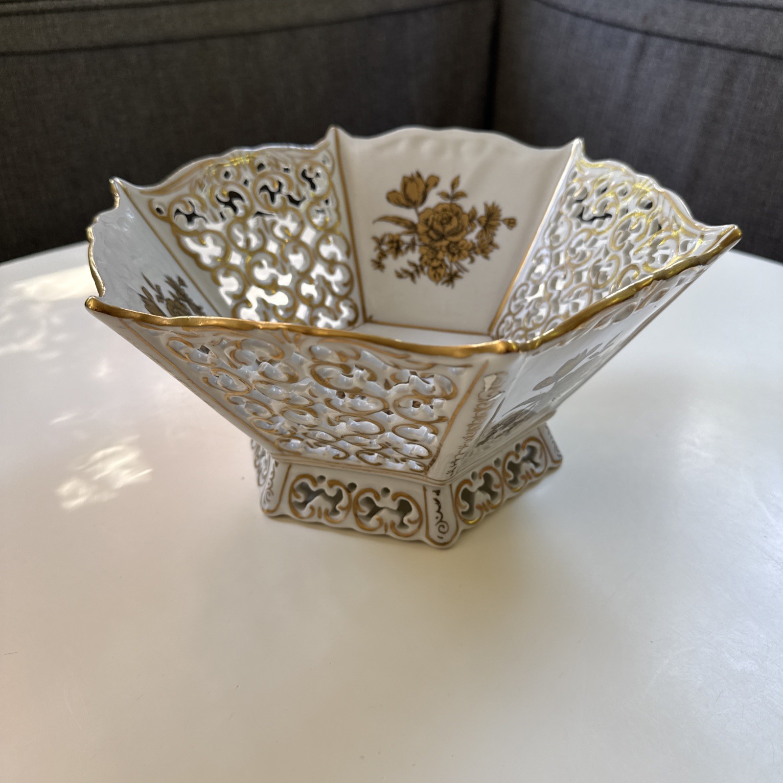 Vintage Pierced Porcelain Hexagonal Bowl White Gold Floral Trim Centerpiece