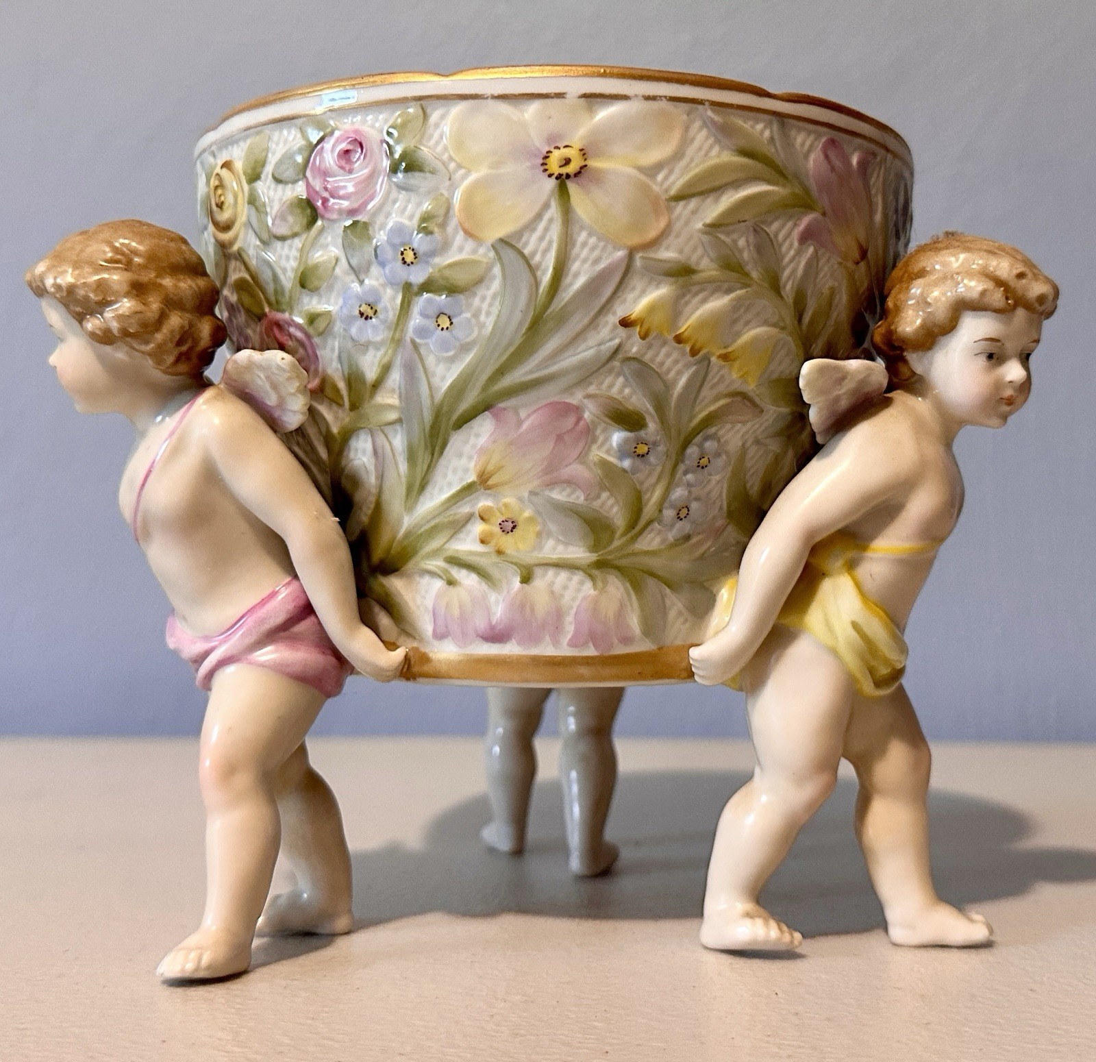 RARE Antique Von Schierholz Porcelain Compote with Three Cherub Figures