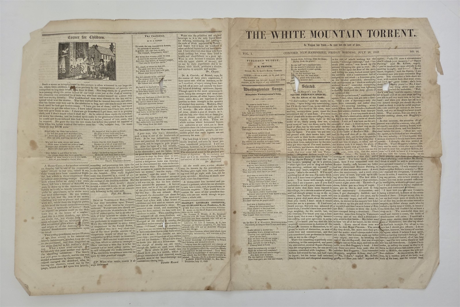 1843 antique NEWSPAPER concord nh WHITE MOUNTAIN TORRENT temperance Washington