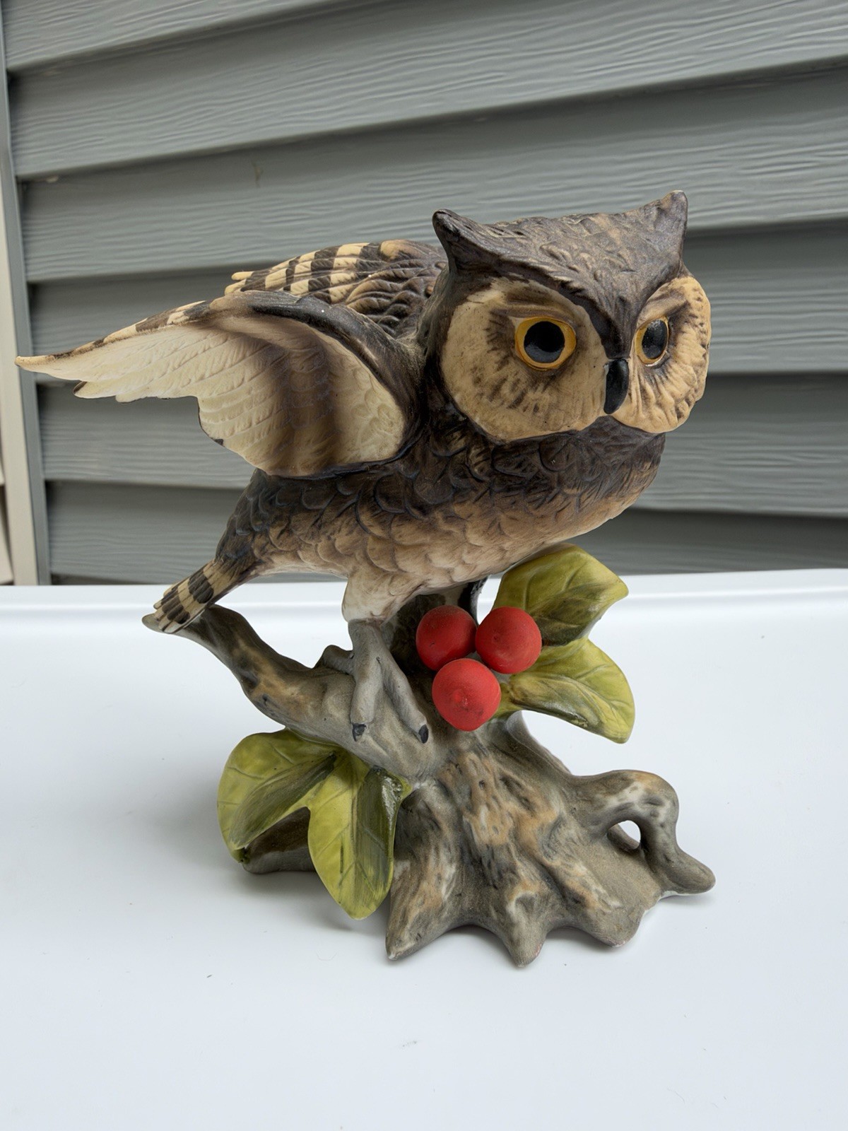 Vintage Owl Figurine Ceramic Open Wings 5in Sitting On Branch Tree Bird Lover