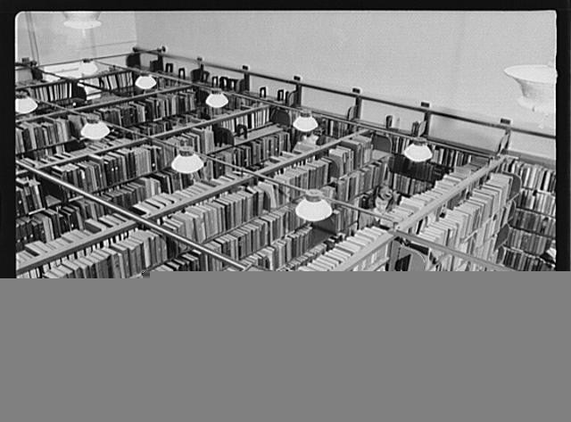 Library Bookshelves Interior 1950s Reading Room Aisle Black and White