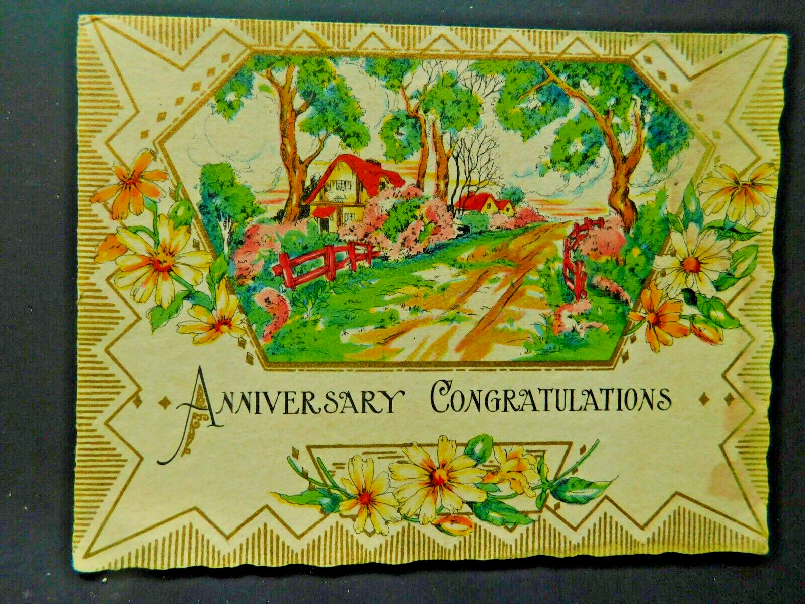 Vintage 1920's Anniversary Card Art Deco Cottage Scene