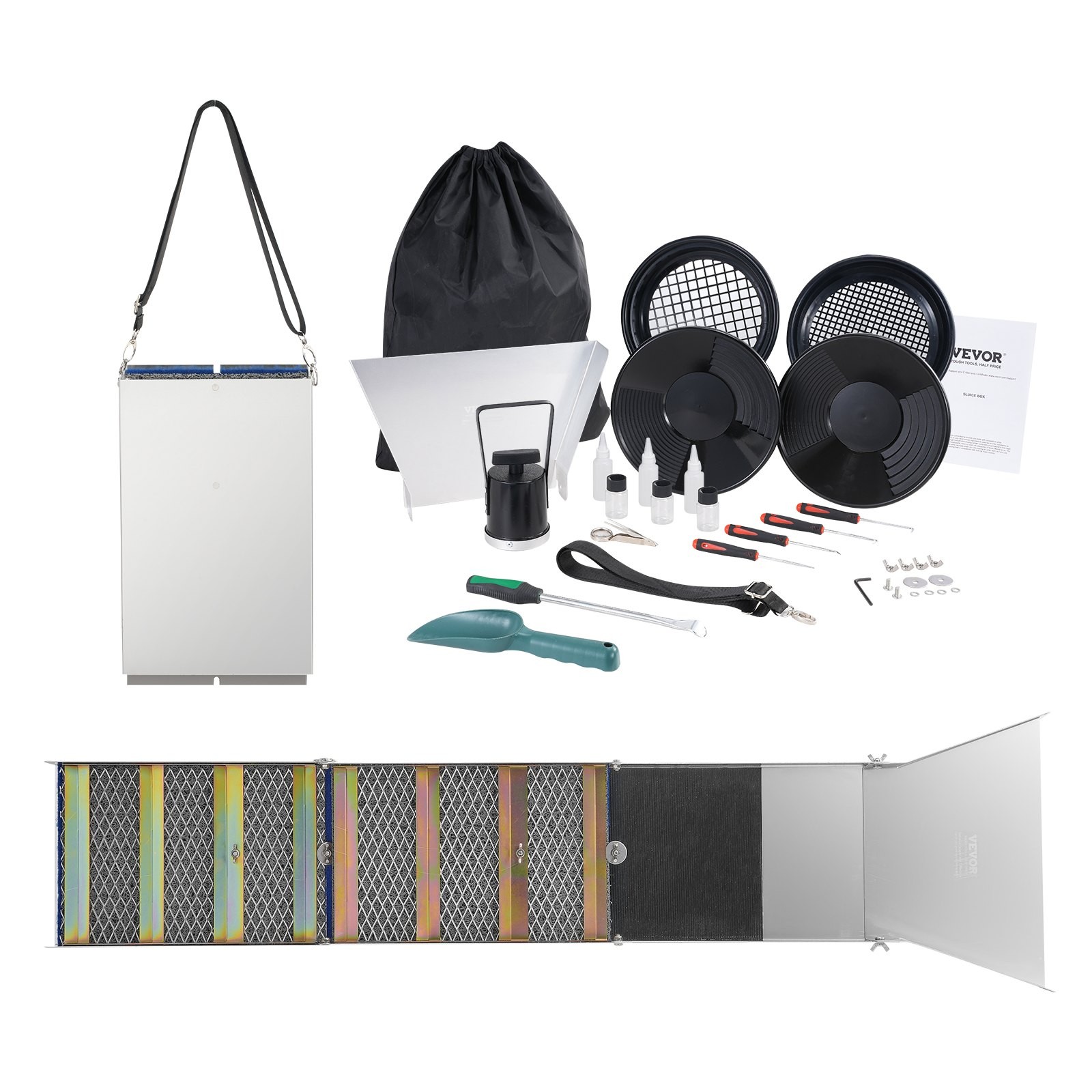50 Inch Folding Sluice Box Gold Panning Kit, 23pc Gold Prospecting Equipment 50 Inch Folding Sluice Box Gold Panning Kit, 23pc Gold Prospecting Equipment