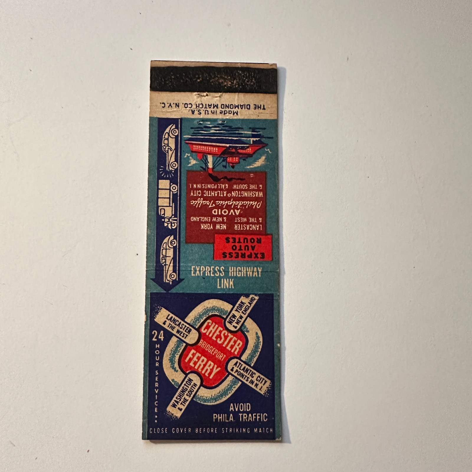 Chester Bridgeport Ferry Express Motor Routes Vintage Matchbook Cover 5MB126-2