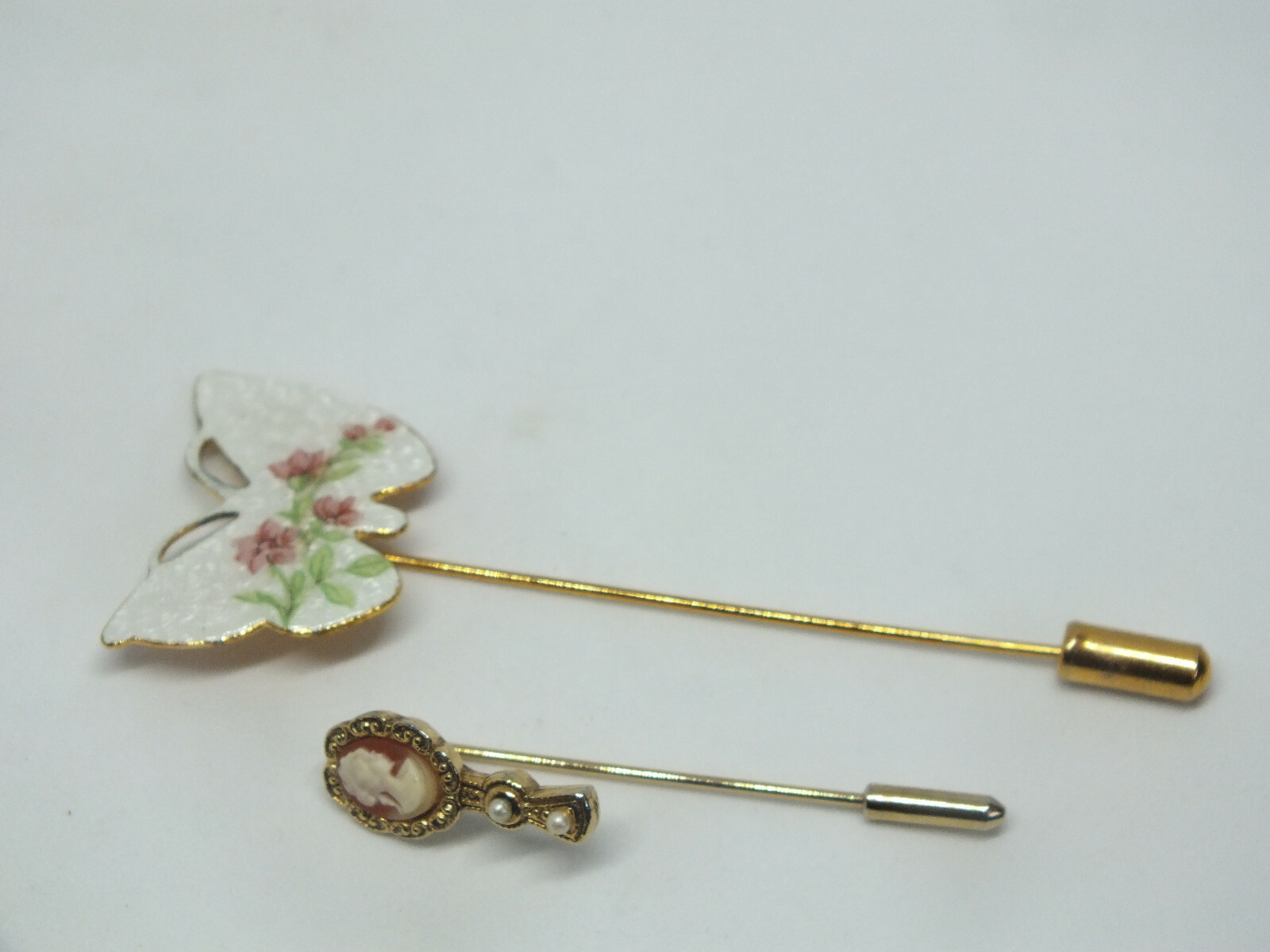 Beautiful Brooch Stick Pin Set 2 Butterfly Cameo Enamel Faux Pearls 1 3/4 & 2 3/