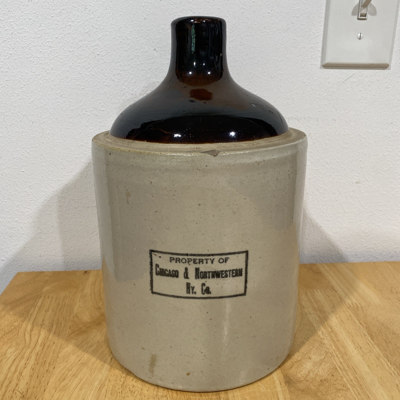 Antique Chicago & Northwestern Railroad Stoneware Shoulder Jug 10 3/4” Tall