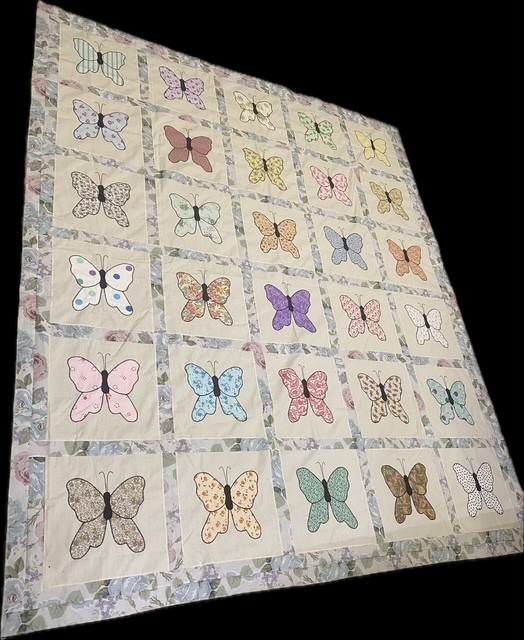 Vintage Sweet Butterfly Quilt Top Butterflies Applique Handmade Squares