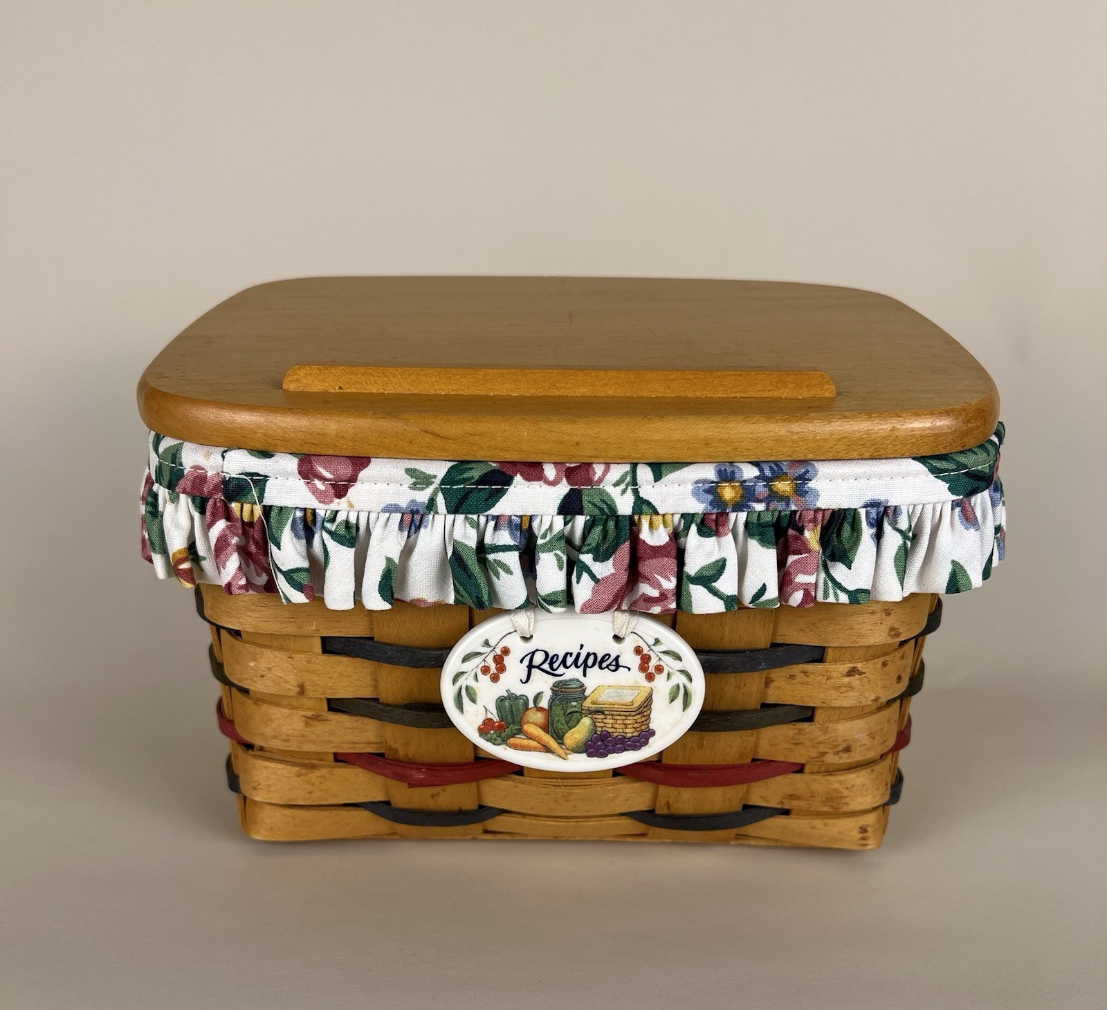 Vintage 1999 Longaberger Large Recipe Basket WoodCrafts Lid Floral Liner