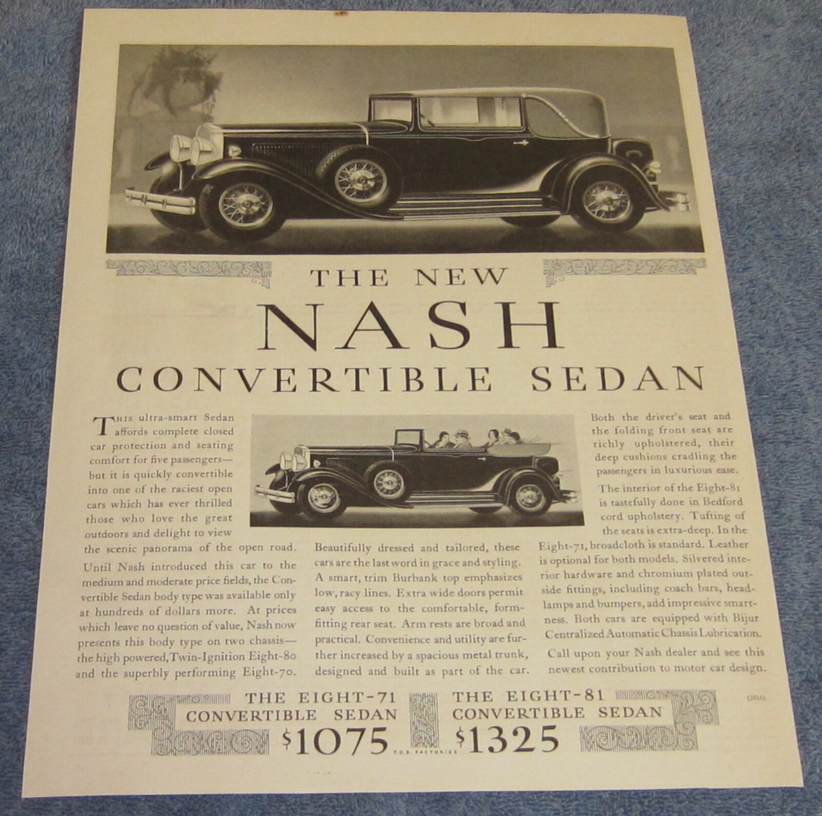 1931 Nash 8-80 Convertible Sedan Vintage Large Ad 