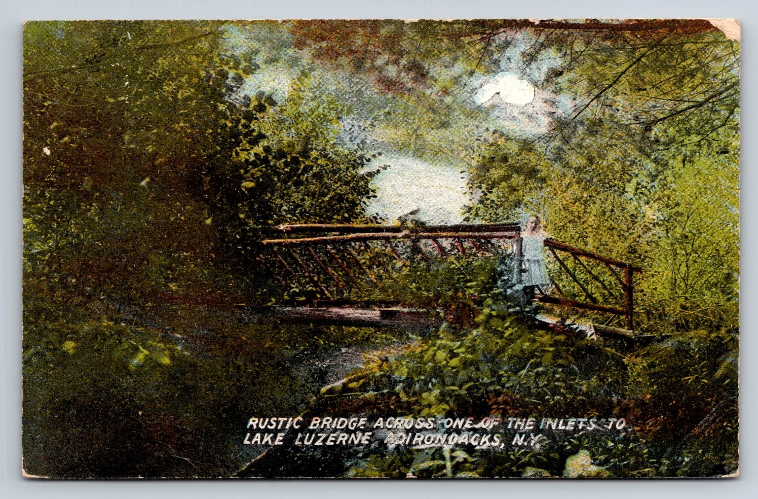 1916 Lake Luzerne Adirondacks NY Rustic Bridge Postcard Wagar Hughes