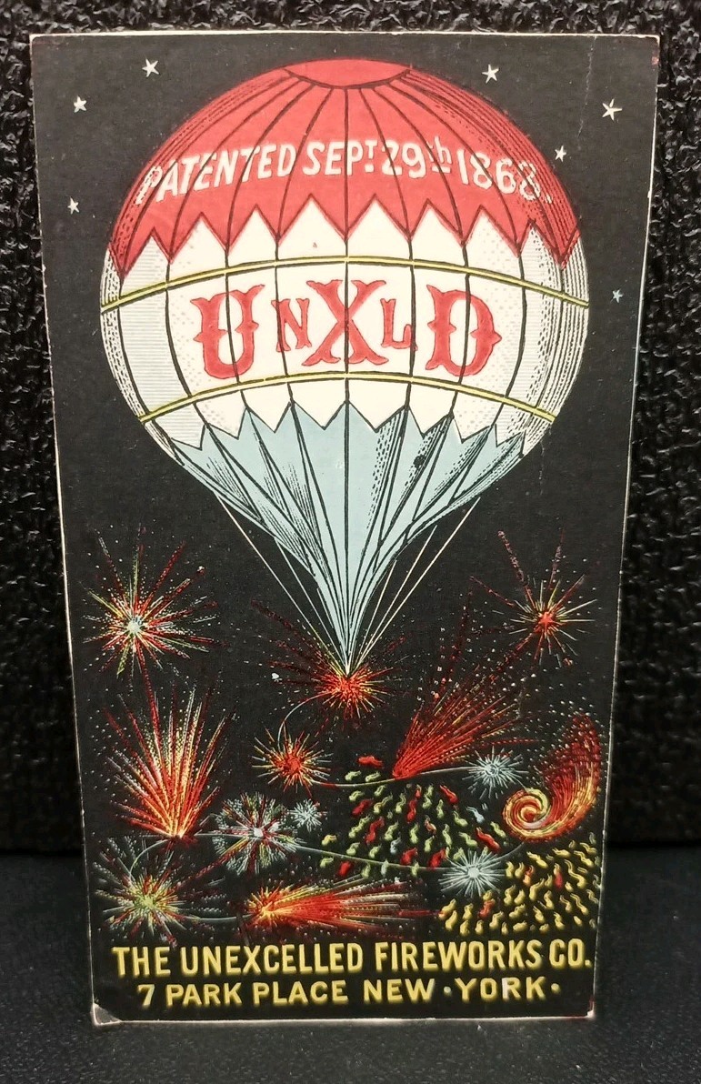 UnXlD Trade Card Fireworks Co, New York c 1890 Night View Hot Air Balloon, Rebus