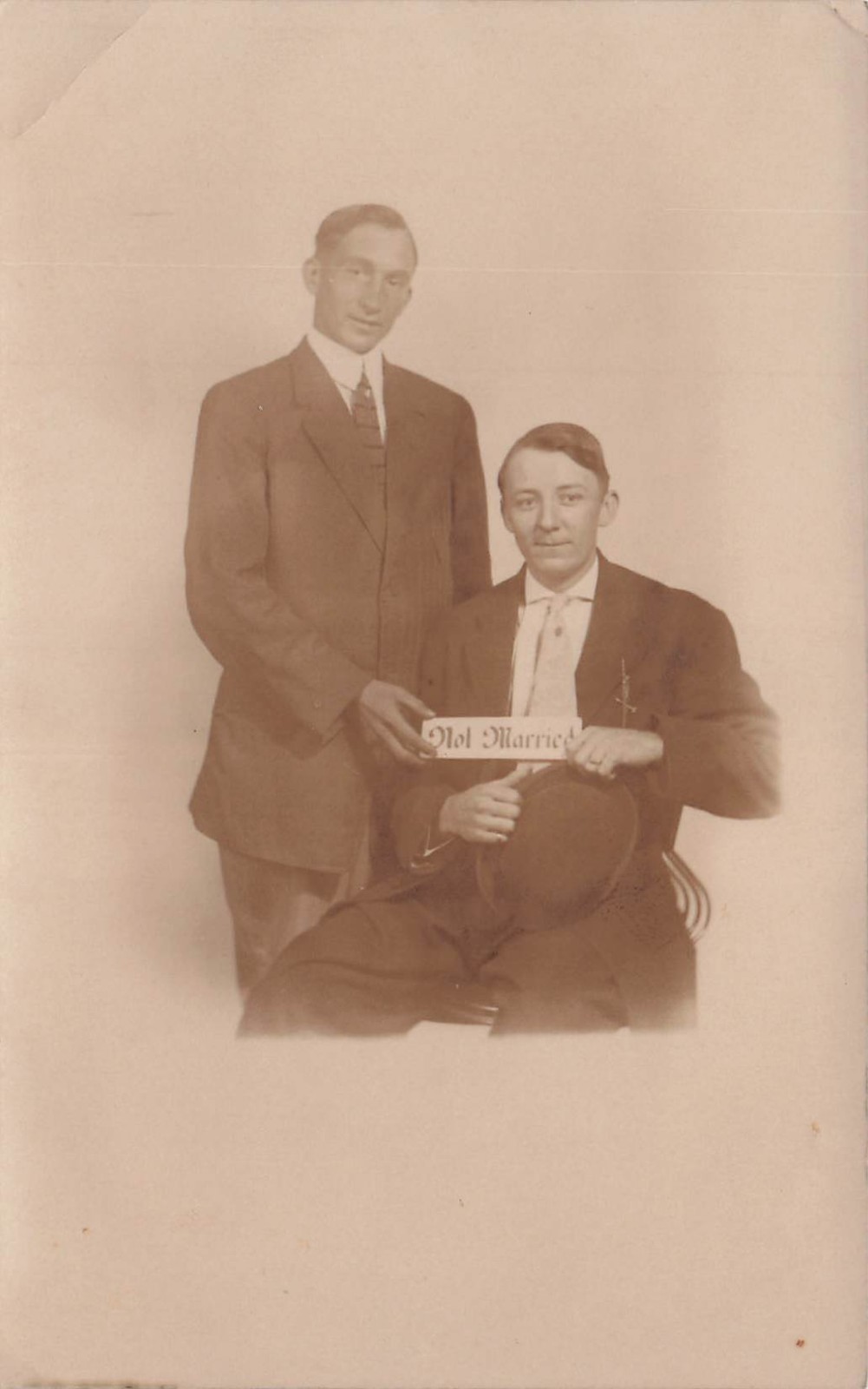 RPPC Two Men Not Married Sign Studio Portrait Photo Vtg Postcard 10A