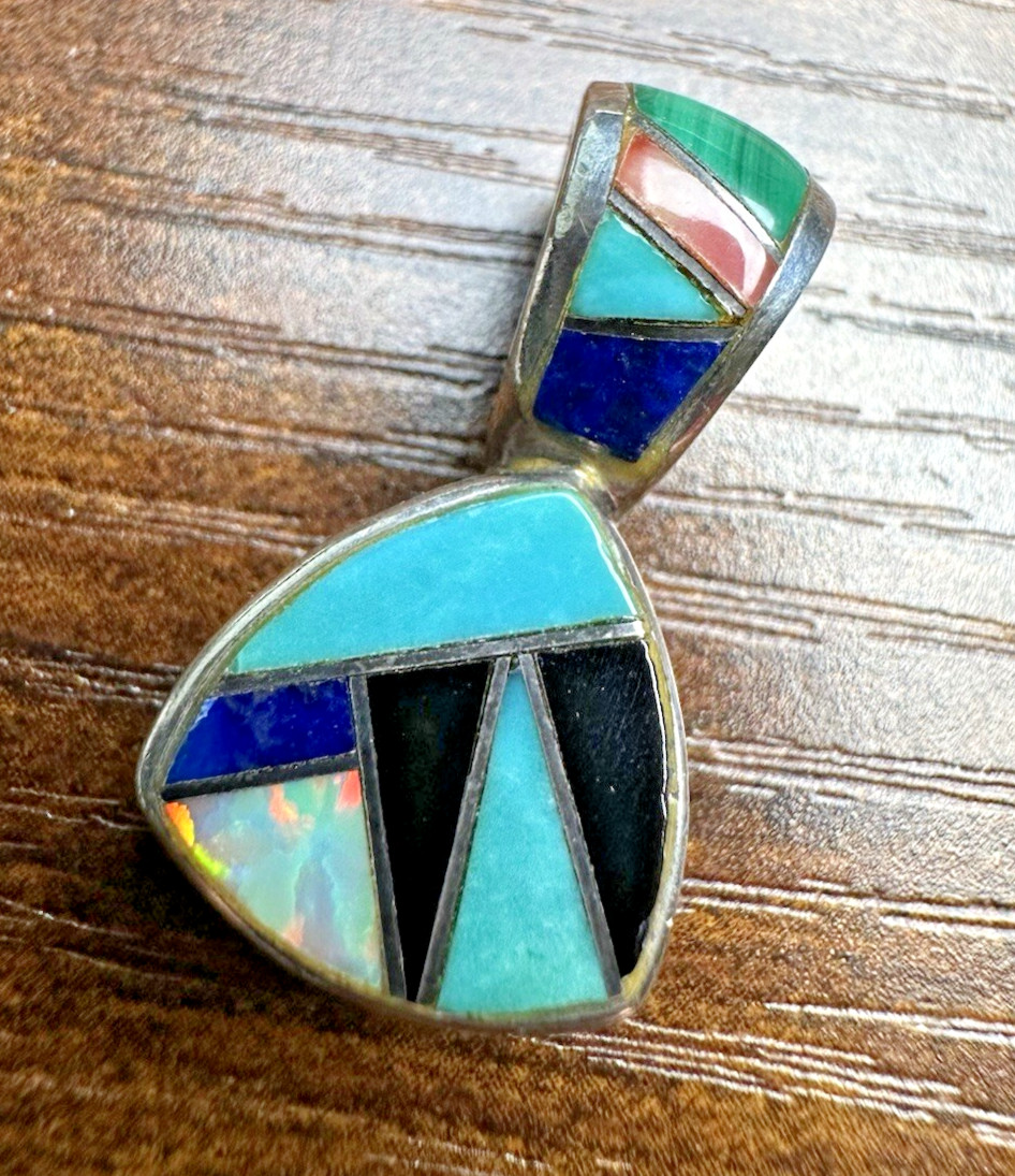 Native American Navajo Multi-Gemstone Inlay Sterling Silver Pendant Signed MC