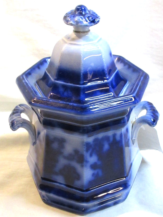 ANTIQUE AMOY FLOW BLUE~OCTAGONAL SHAPED SUGAR BOWL~DAVENPORT, ENGLAND C 1800'S