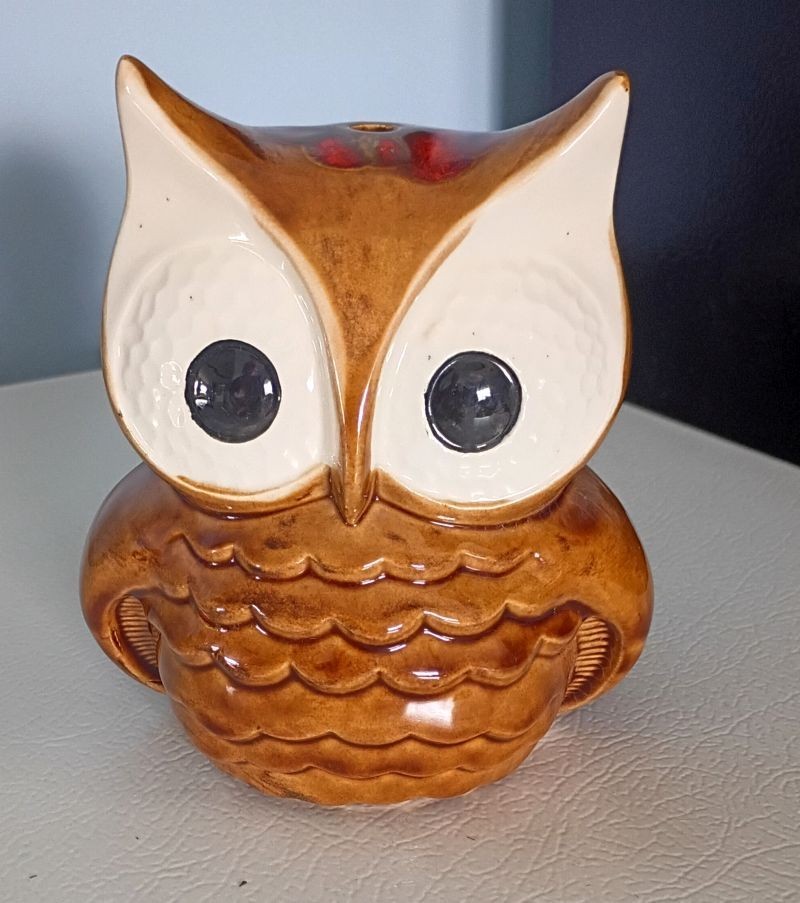 Amber & Red Vintage Ceramic Owl Figurine 1970's