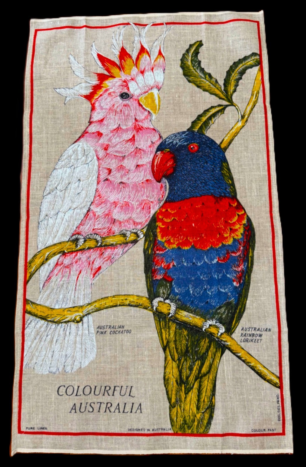 NWOT Linen Tea Towel Wall Art AUSTRALIAN PINK COCKATOO AND RAINBOW LORIKEET