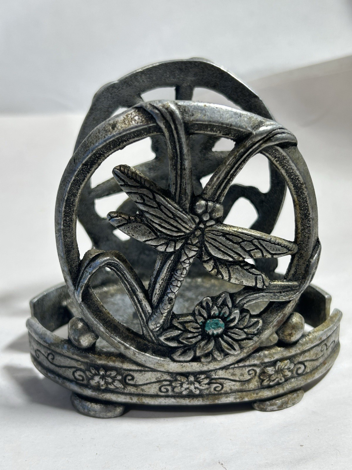 VTG 2000 Dragonfly Carson Silver Pewter Footed Candle Votive Napkin Holder