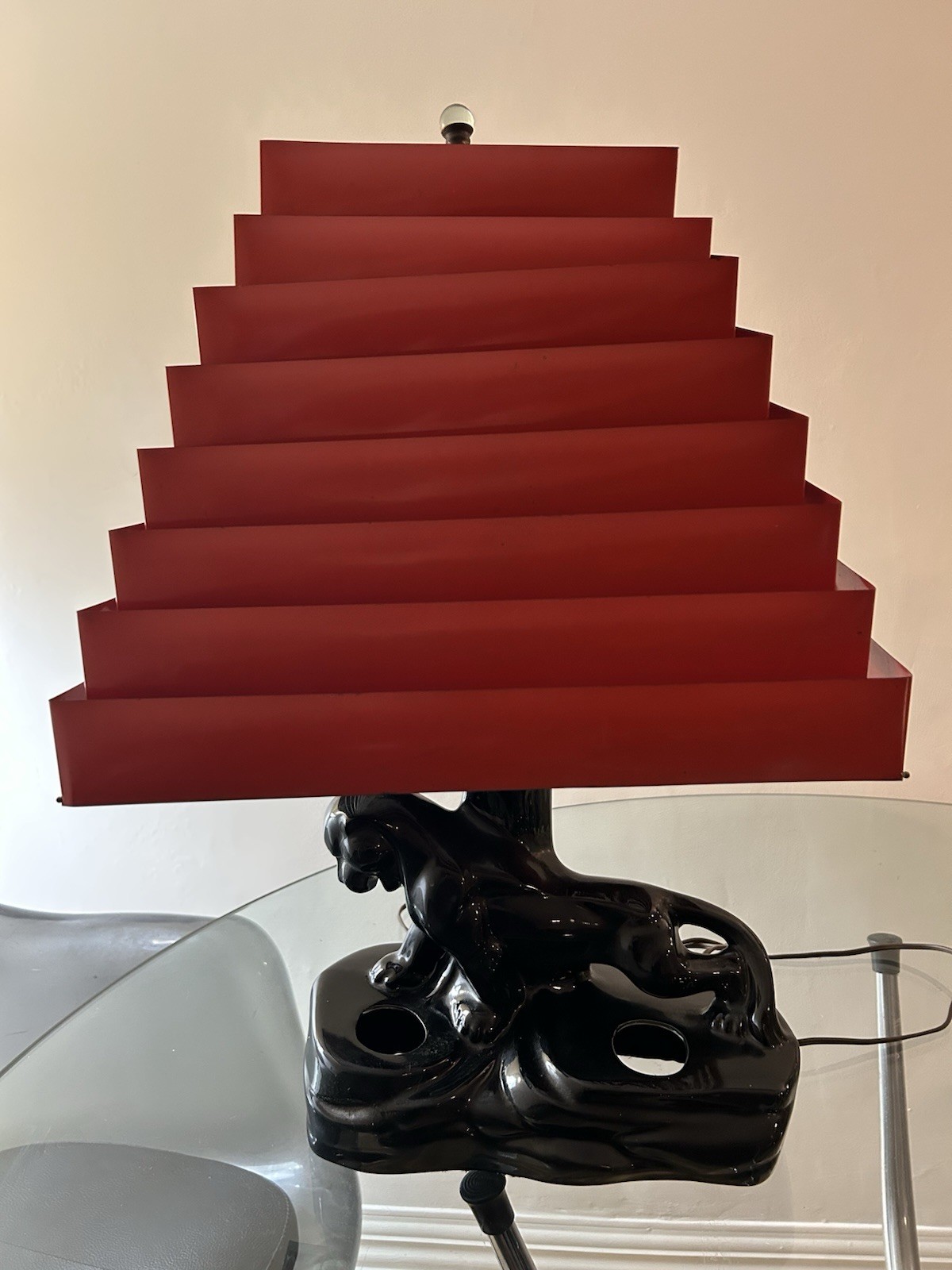 Mid Century Modern 1950's Scarce Black Panther Lamp Red Metal Venetian Shade Mid Century Modern 1950's Scarce Black Panther Lamp Red Metal Venetian Shade