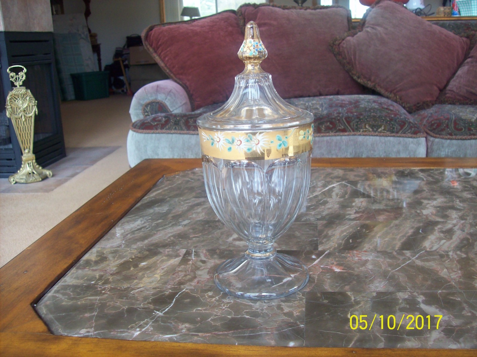 Victorian Clear Glass Covered Compote with Handpainted Enamel Flowers & Gold Victorian Clear Glass Covered Compote with Handpainted Enamel Flowers & Gold