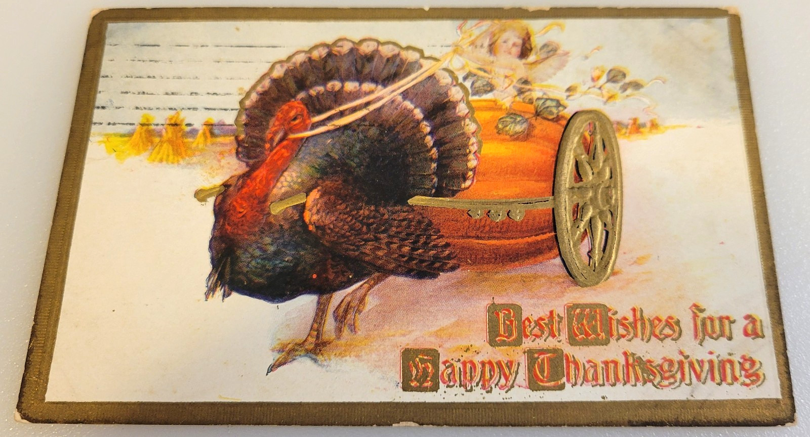 BEST WISHES FOR A HAPPY THANKSGIVING Antique 1910 Cherub TURKEY Pumpkin POSTCARD