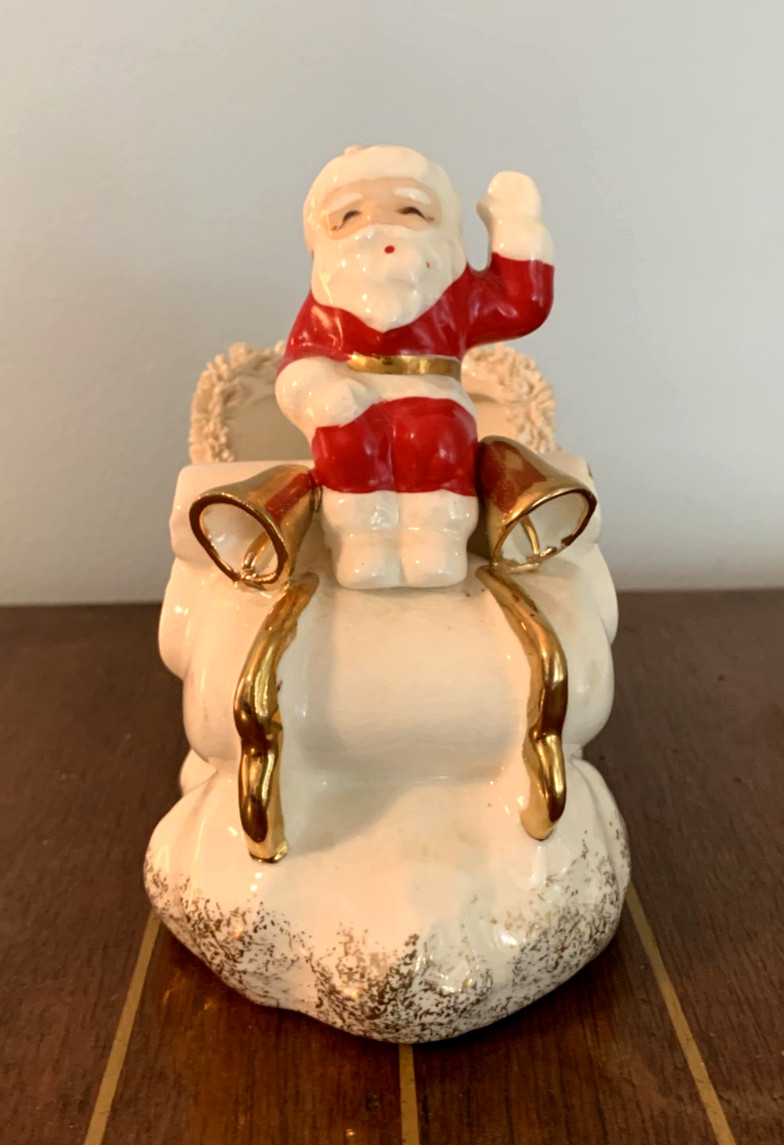 VINTAGE NAPCO S860L SANTA SLEIGH PLANTER, SPAGHETTI TRIM, JAPAN, USED-VG VINTAGE NAPCO S860L SANTA SLEIGH PLANTER, SPAGHETTI TRIM, JAPAN, USED-VG
