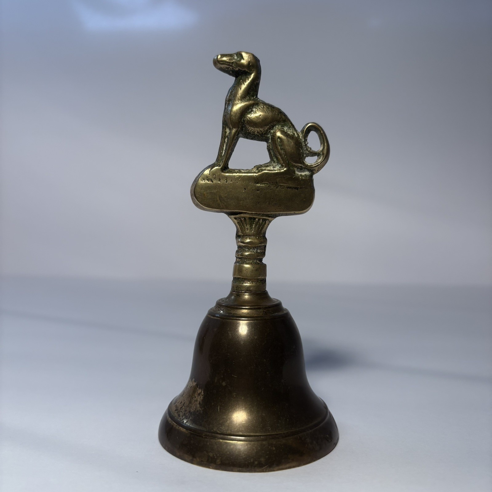 Vintage Made in England Brass Hand Bell Greyhound Whippet Dog Figural Handle